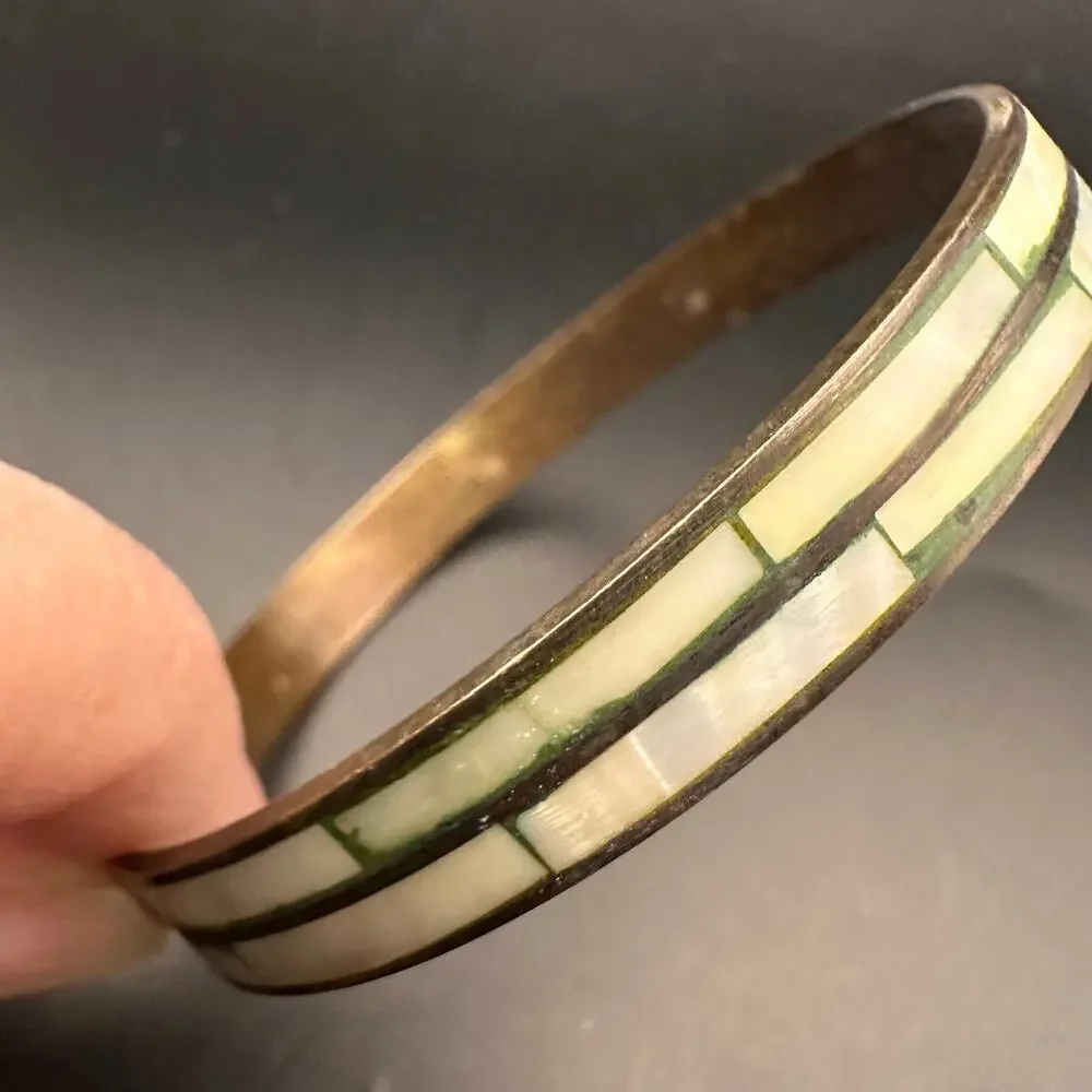 Mother of Pearl Brass Bangle Bracelet Summer MOP Retro Boho Bohemian Jewelry